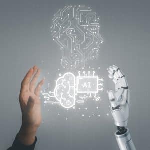 Die Hand von Geschäftsleuten und Robotern berühren den digitalen Bildschirm von AI Icon künstlichen Intelligenz Konzept, Big Data, Wissenschaft, Innovationstechnologie, Cloud-Computing, Futuristik, Internetkommunikation, künstliche Intelligenz, IT Dienstleister, Senpro IT