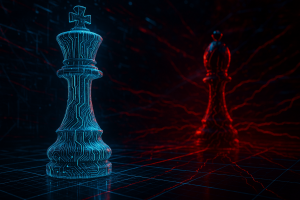Digitale Schachszene im Cyberpunk-Stil als Metapher für den strategischen Kampf zwischen Angreifern und Verteidigern in der Cybersecurity mit Fokus auf Generative KI.
