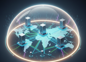 Icon: Globales IT-Sicherheitsnetzwerk unter Schutzschirm.