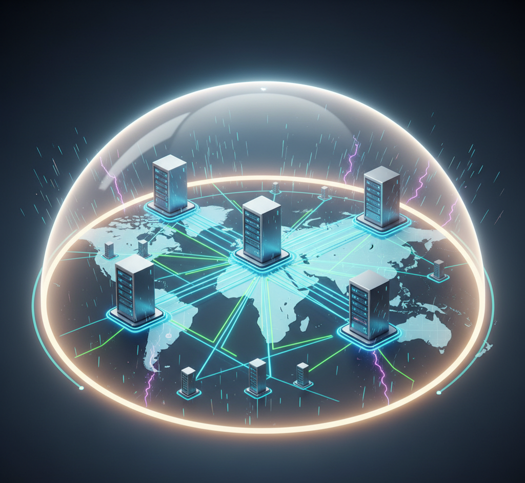 Futuristisches globales IT-Netzwerk mit Server-Racks auf einer Weltkarte, verbunden durch redundante Lichtlinien unter einem schützenden Sicherheits-Dome gegen externe Bedrohungen.