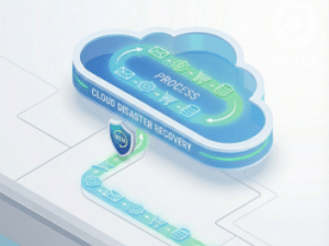 Visualisierung von IT-Resilienz: Darstellung eines Cloud-Disaster-Recovery-Szenarios, bei dem ein Business Continuity Management (BCM) sicherstellt, dass kritische Workflows trotz Hardware-Defekt sofort in einer hochsicheren Cloud-Umgebung weiterlaufen.