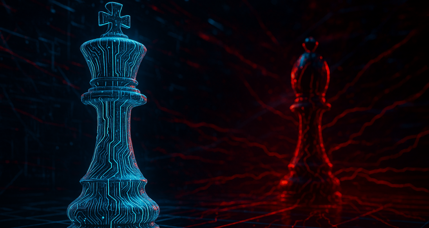 Digitale Schachszene im Cyberpunk-Stil als Metapher für den strategischen Kampf zwischen Angreifern und Verteidigern in der Cybersecurity mit Fokus auf Generative KI.